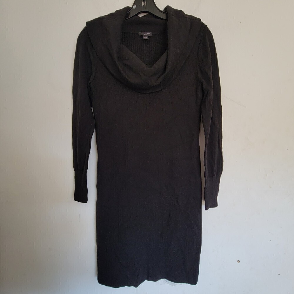 Ann Taylor Black Cowl Neck Long Sleeve Ribbed Wool Knit Midi Dress Size XSP